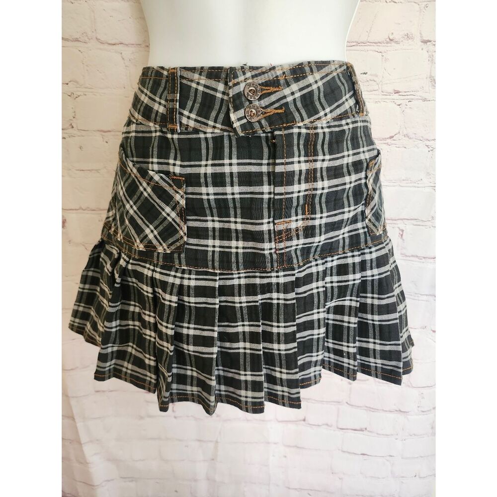 Vintage Original Y2K Kustommade Von Dutch Plaid Pleated Mini Skirt Sz.M w/ Patch
